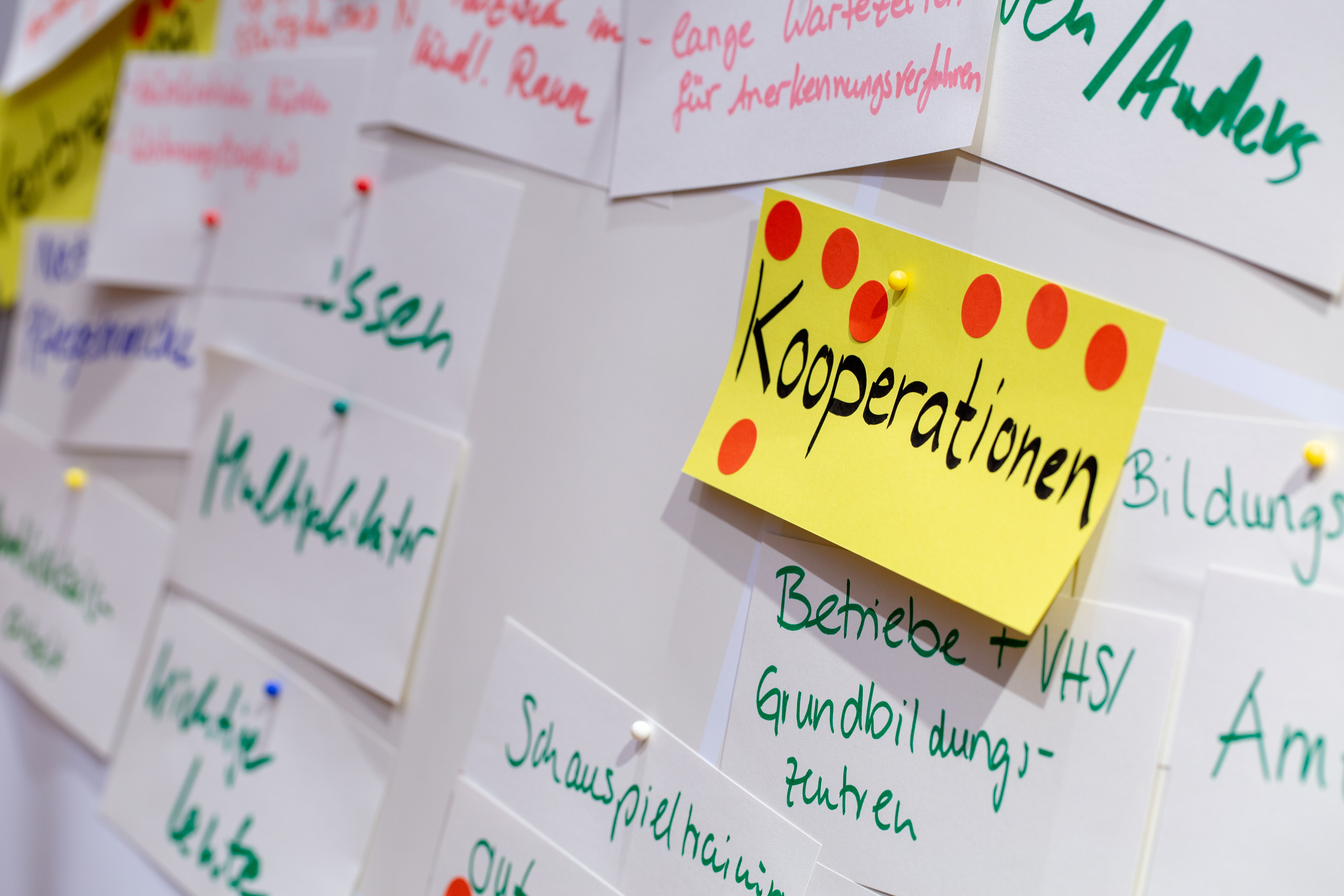 Bild: Nahaufnahme einer Metaplanwand, an der viele Kärtchen mit Schlagworten hängen; rote Punkte auf einzelnen Karten deuten auf großen Konsenz der Beteiligten hin (z. B. bei der Karte mit dem Wort 'Kooperationen').