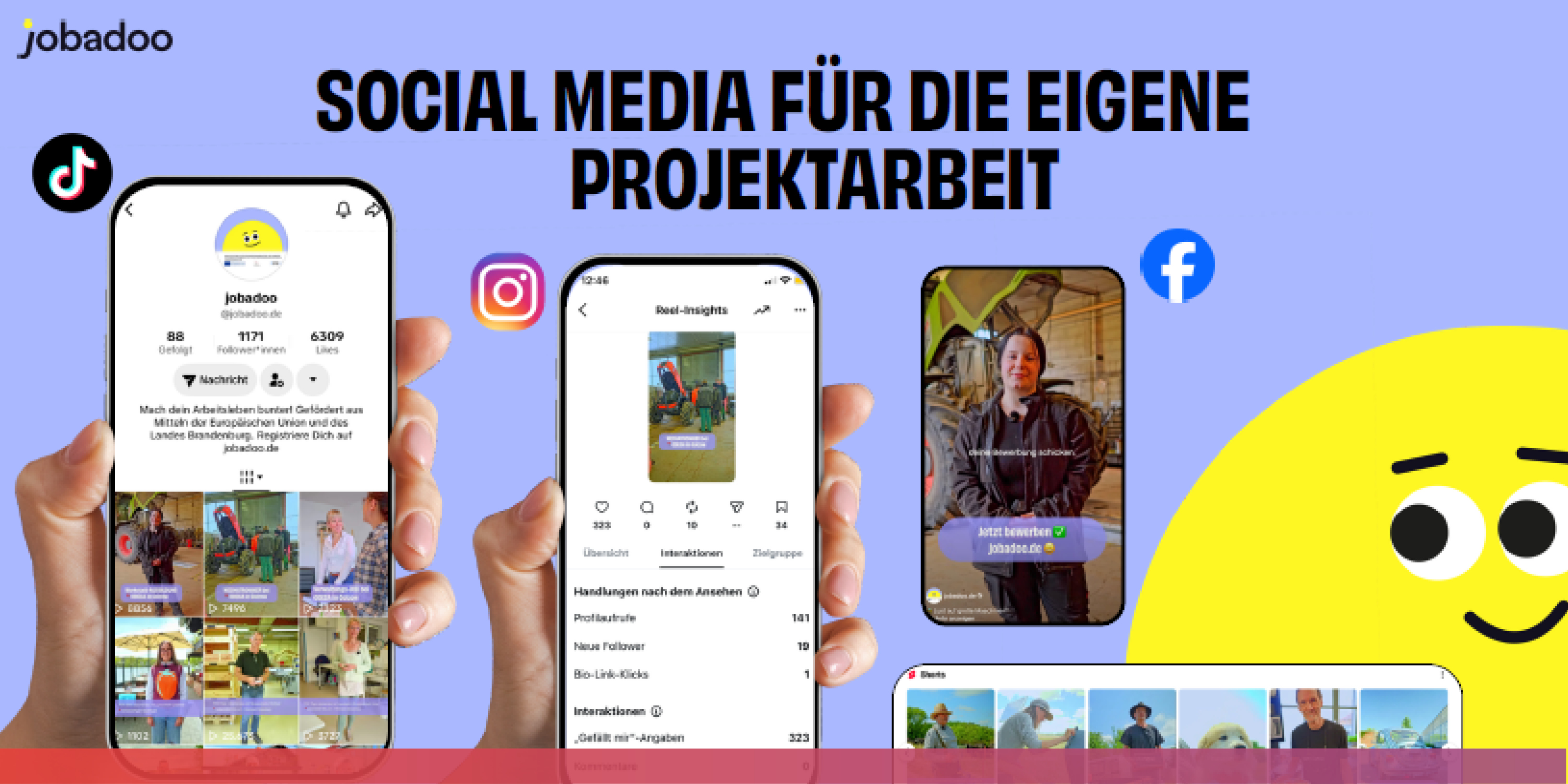 Bild mit mehreren Handys auf denen die Social Media-Tätigkeit von jobadoo gezeigt wird. 