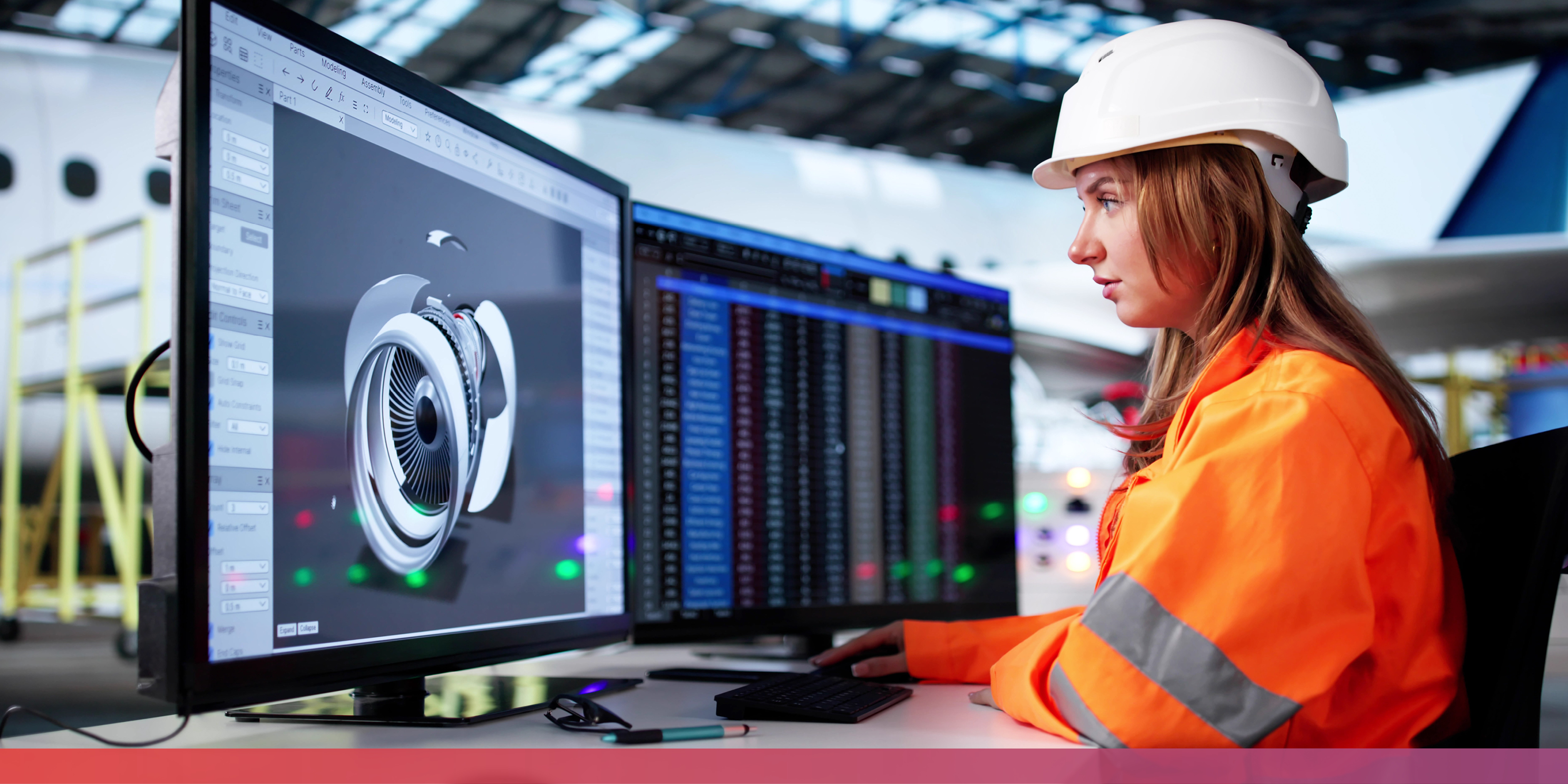 Eine junge Frau mit orangefarbener Warnjacke und Bauarbeiterhelm auf den Kopf sitzt vor zwei monitoren, auf denen jeden Menge Daten und das Bild einer Turbine zu sehen sind.