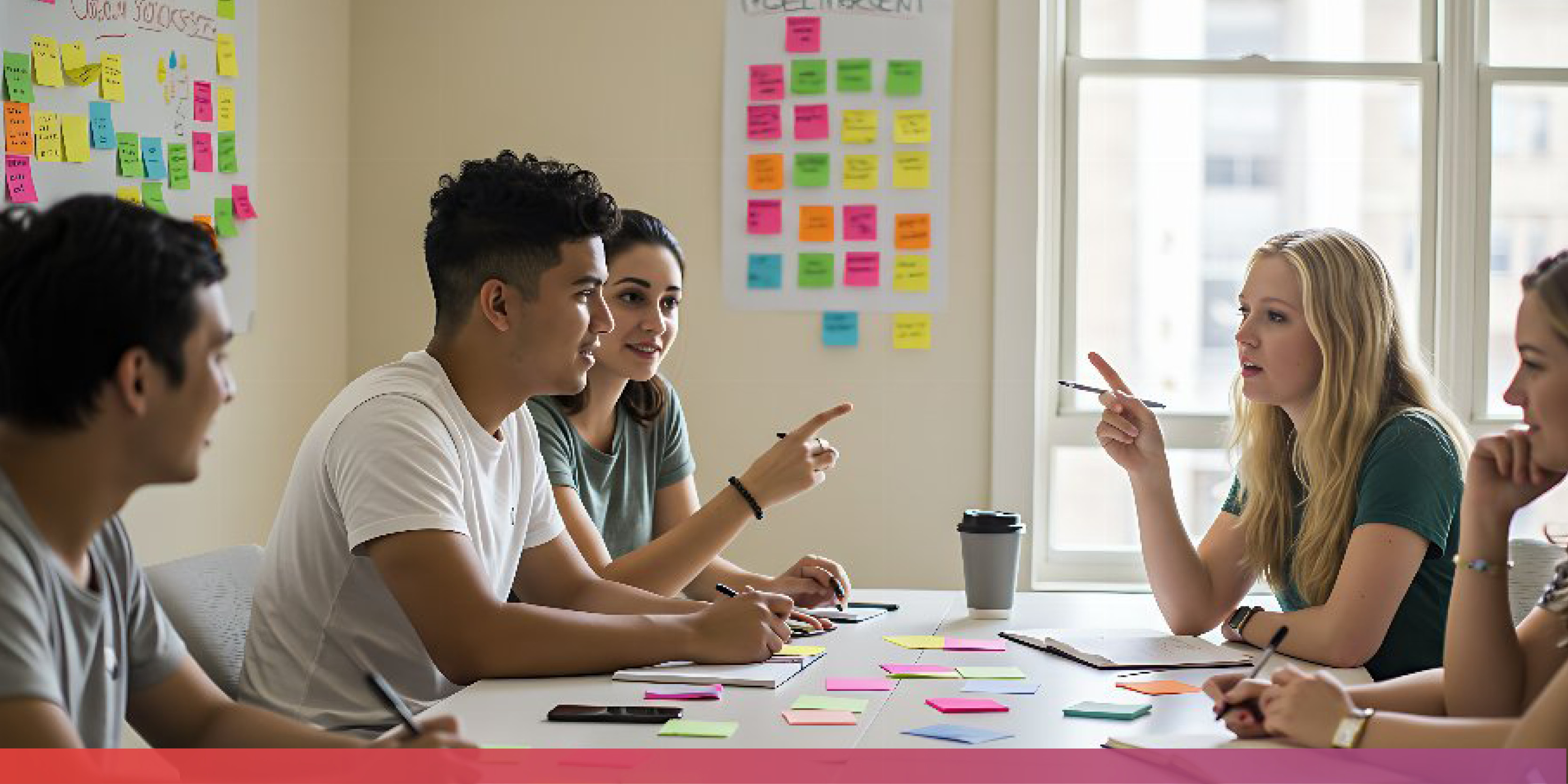 Junge Menschen unterschiedlichen Geschlechts sitzen um einen Tisch beim Braunstorming. An der Wand Plakate mit vielen PostIts.