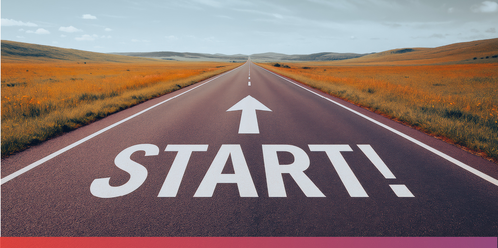Bild: Eine Straße inmitten einer steppenartigen Gegend. In weißer Farbe steht in Versalien das Wort 'Start', darüber ein Pfeil, der in Richtung des Straßenverlaufs deutet.